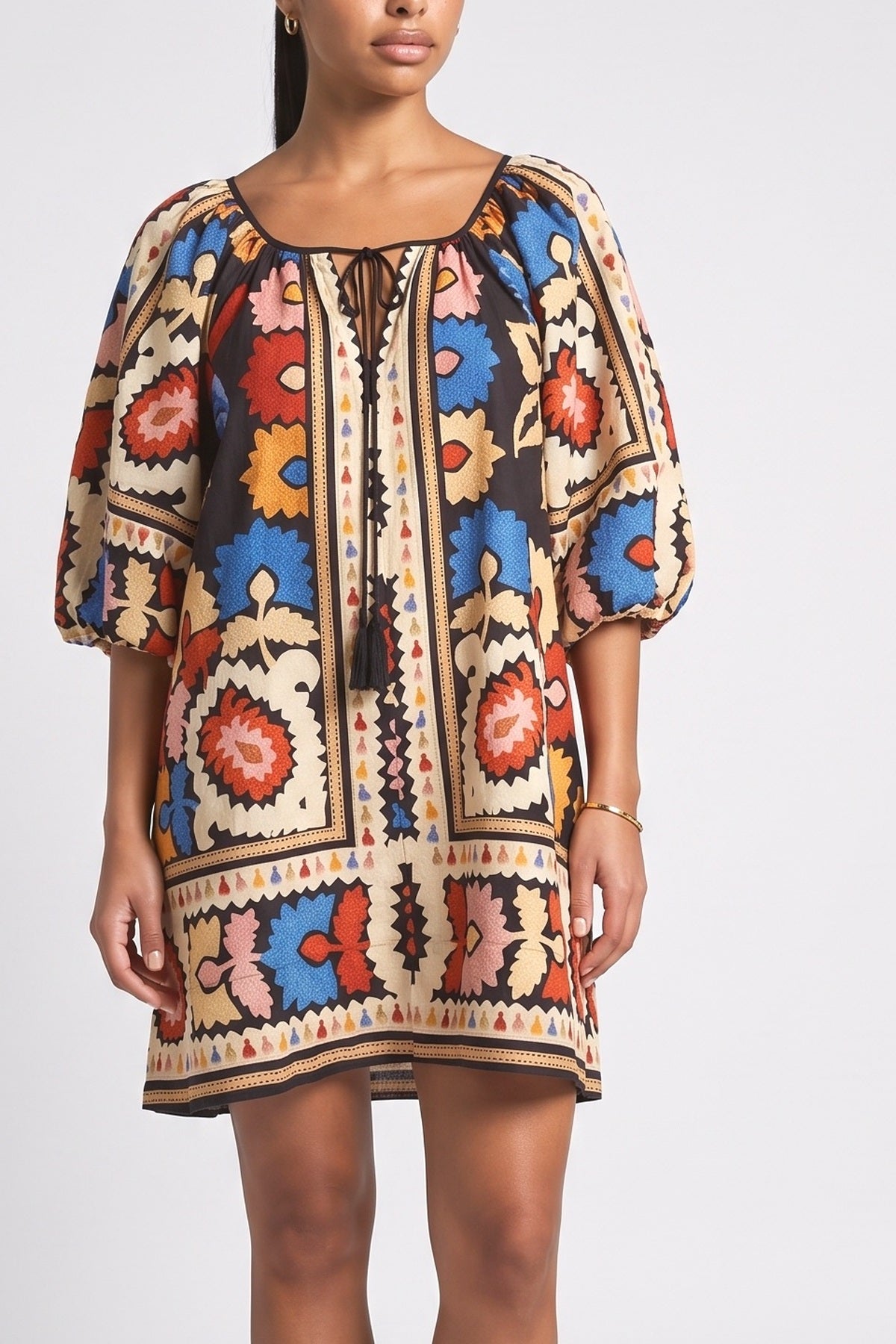 Bohemian Style Ethnic Print Short-sleeved Mini Dress, fabric detail