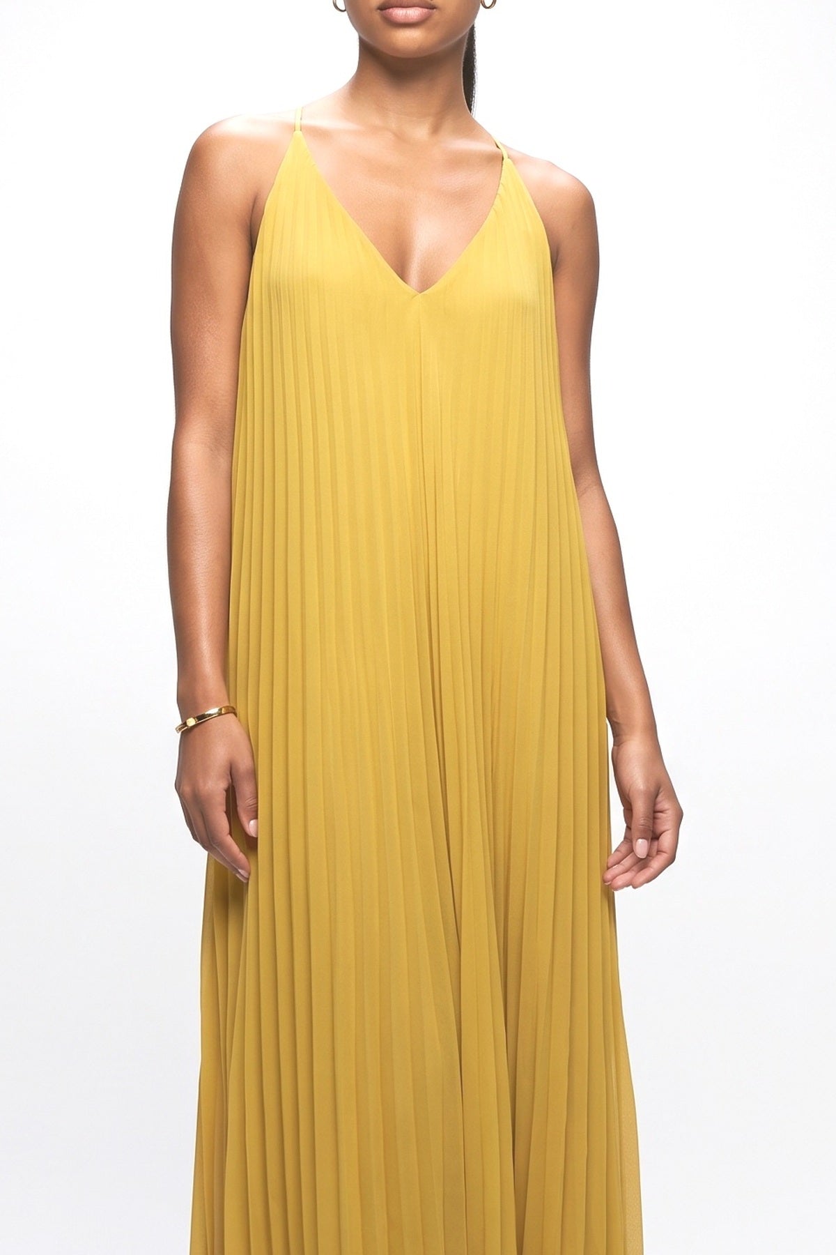 Yellow Chiffon V-Neck Pleated Maxi Dress, fabric detail