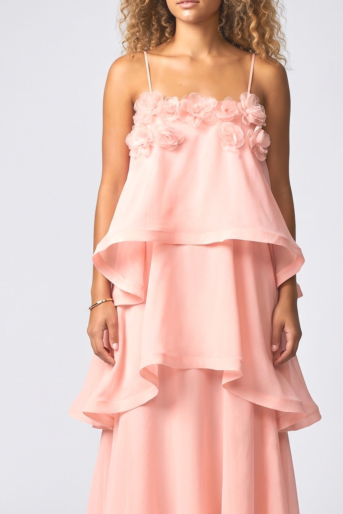 3D Floral Applique Tiered Gown Maxi Dress, fabric detail