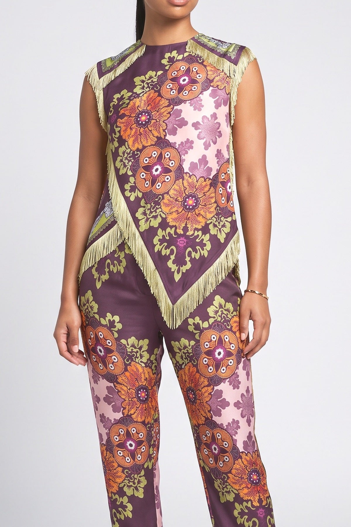 Floral Print Tassel Vest Two-Piece Set, fabric detail