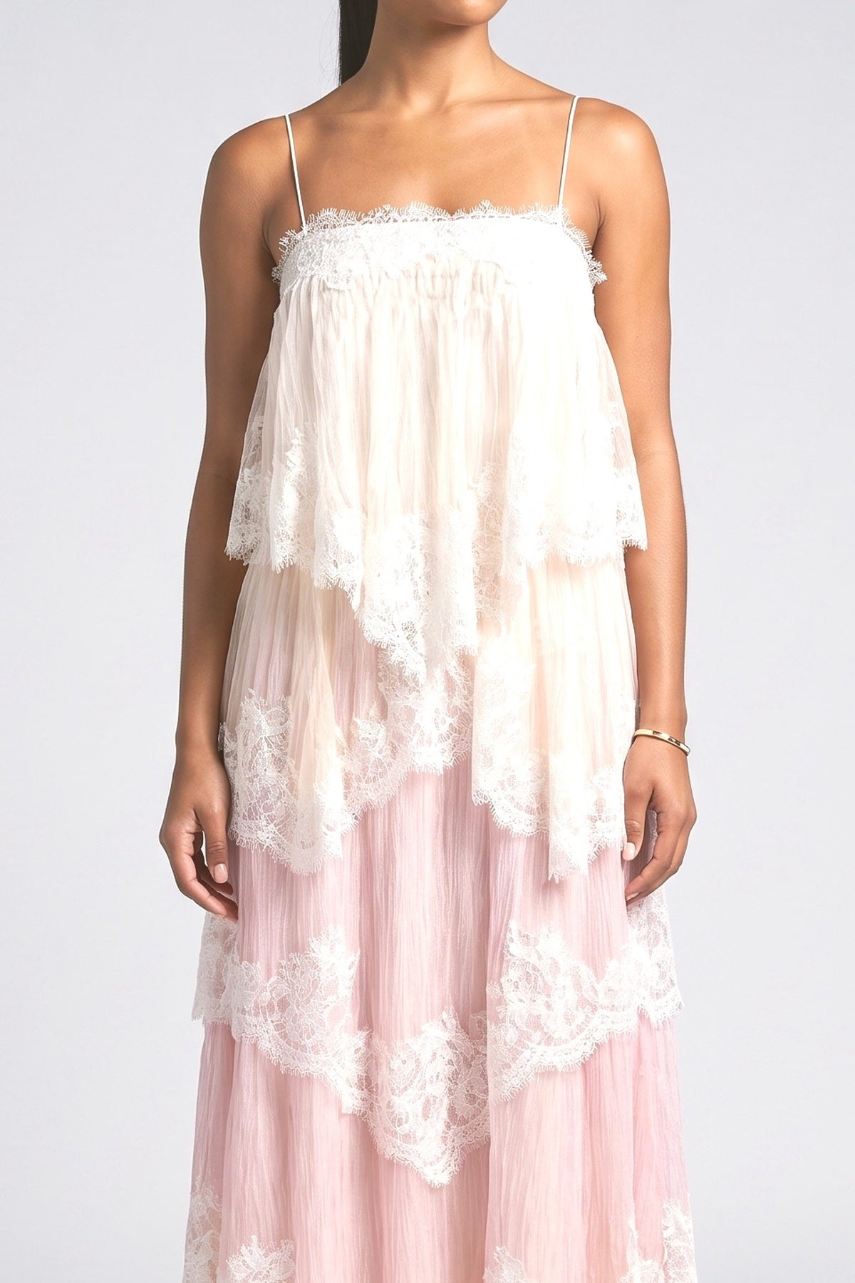 Pink Lace Strappy Tiered Maxi Dress, fabric detail