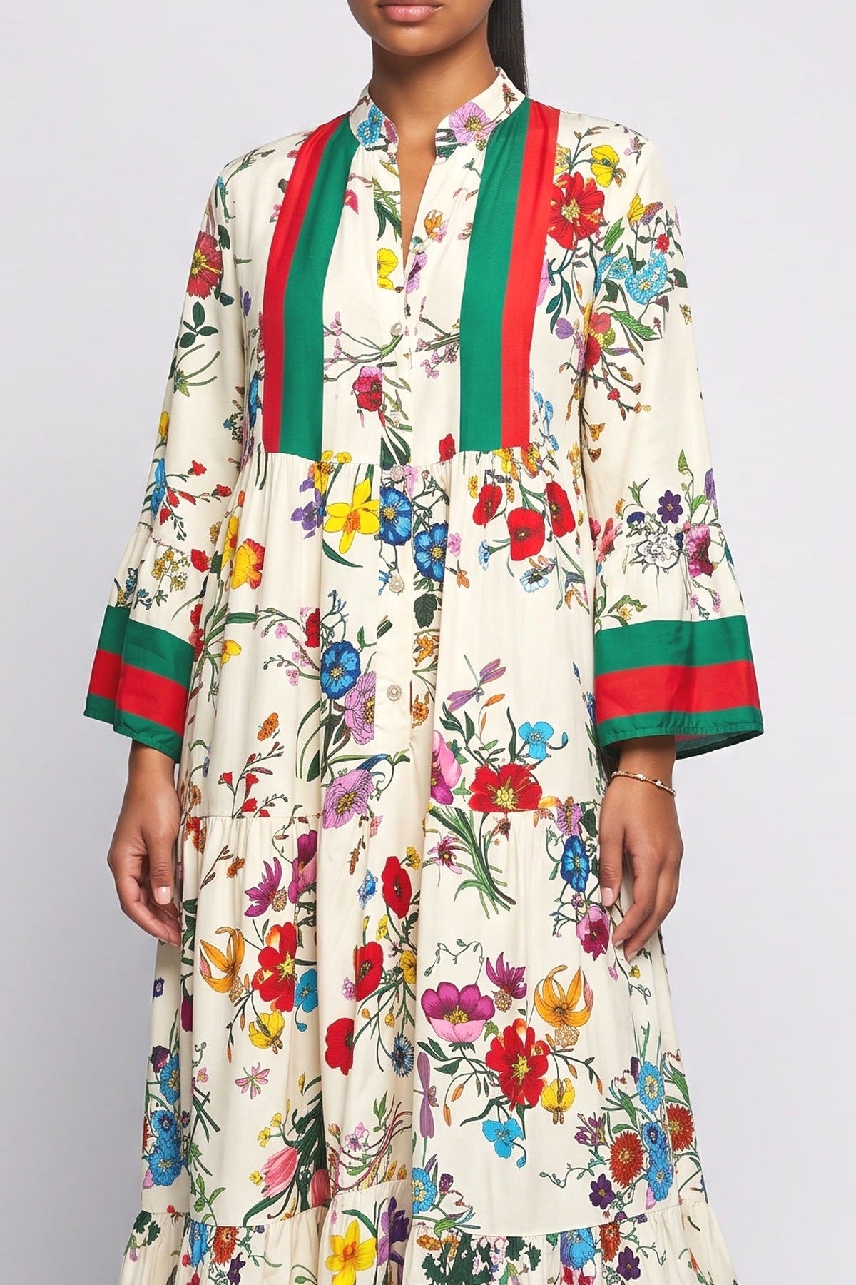 White Floral Bell Sleeve Maxi Dress, fabric detail