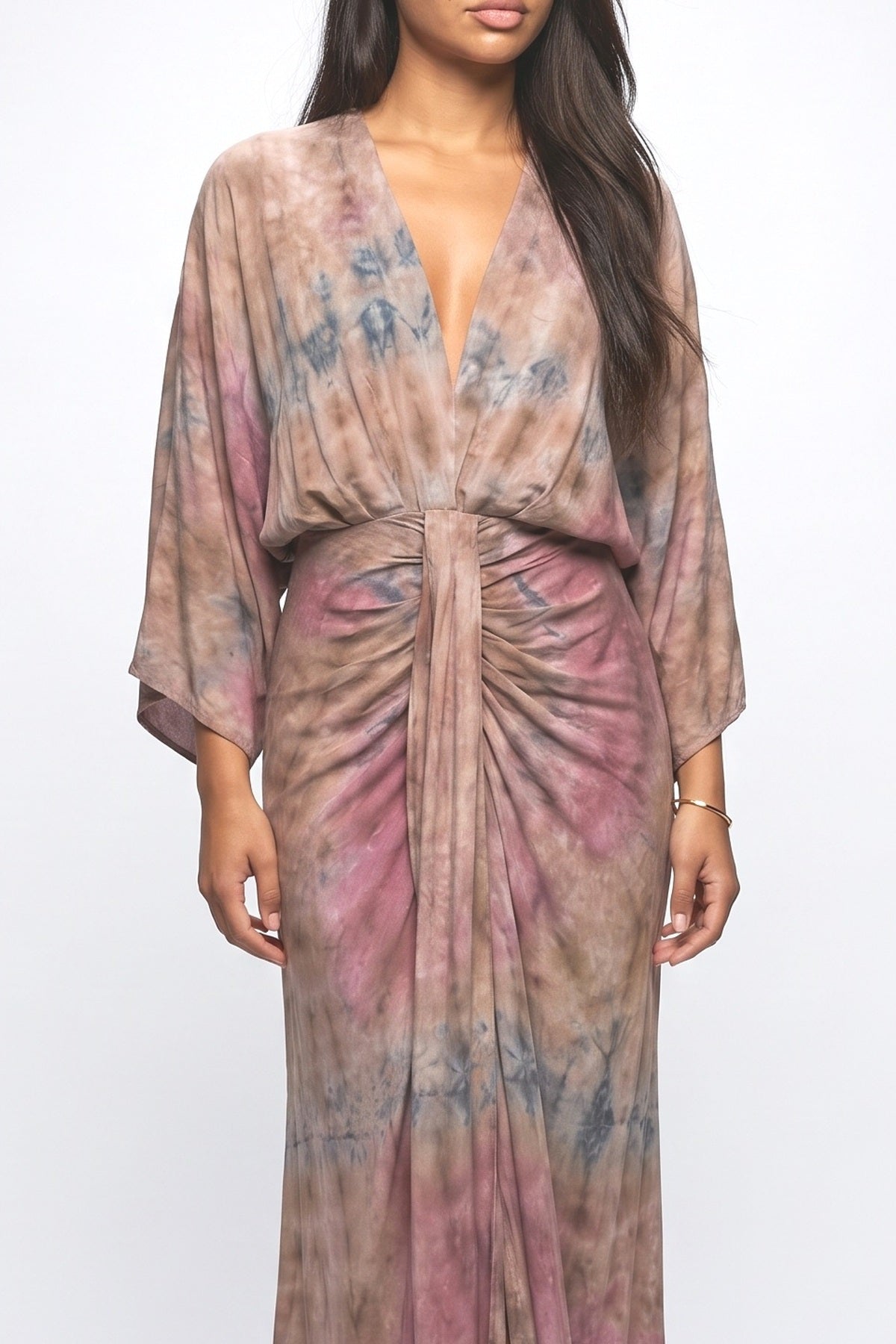 Bohemian Kimono-Inspired Tie-Dye Print Waist-Tie Maxi Dress, fabric detail