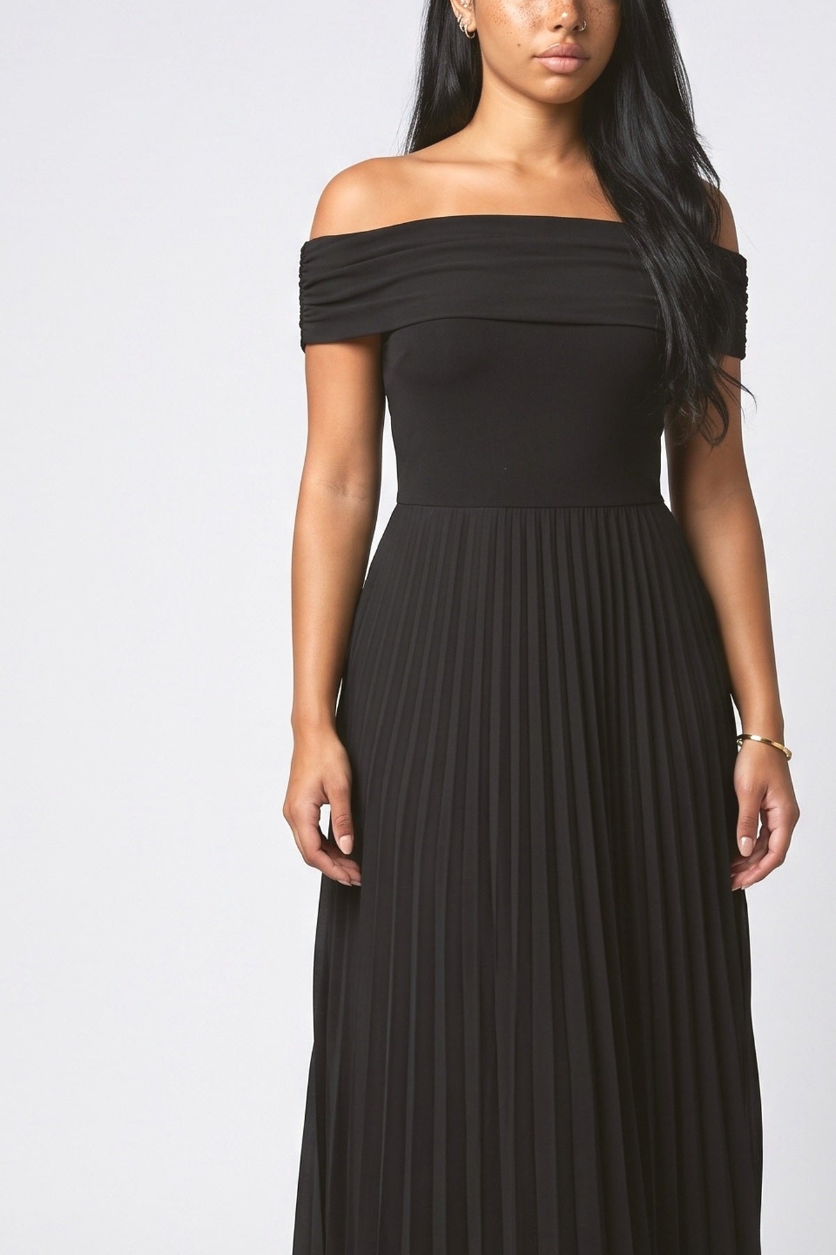 Black Off-Shoulder Pleated Maxi Dress, fabric detail