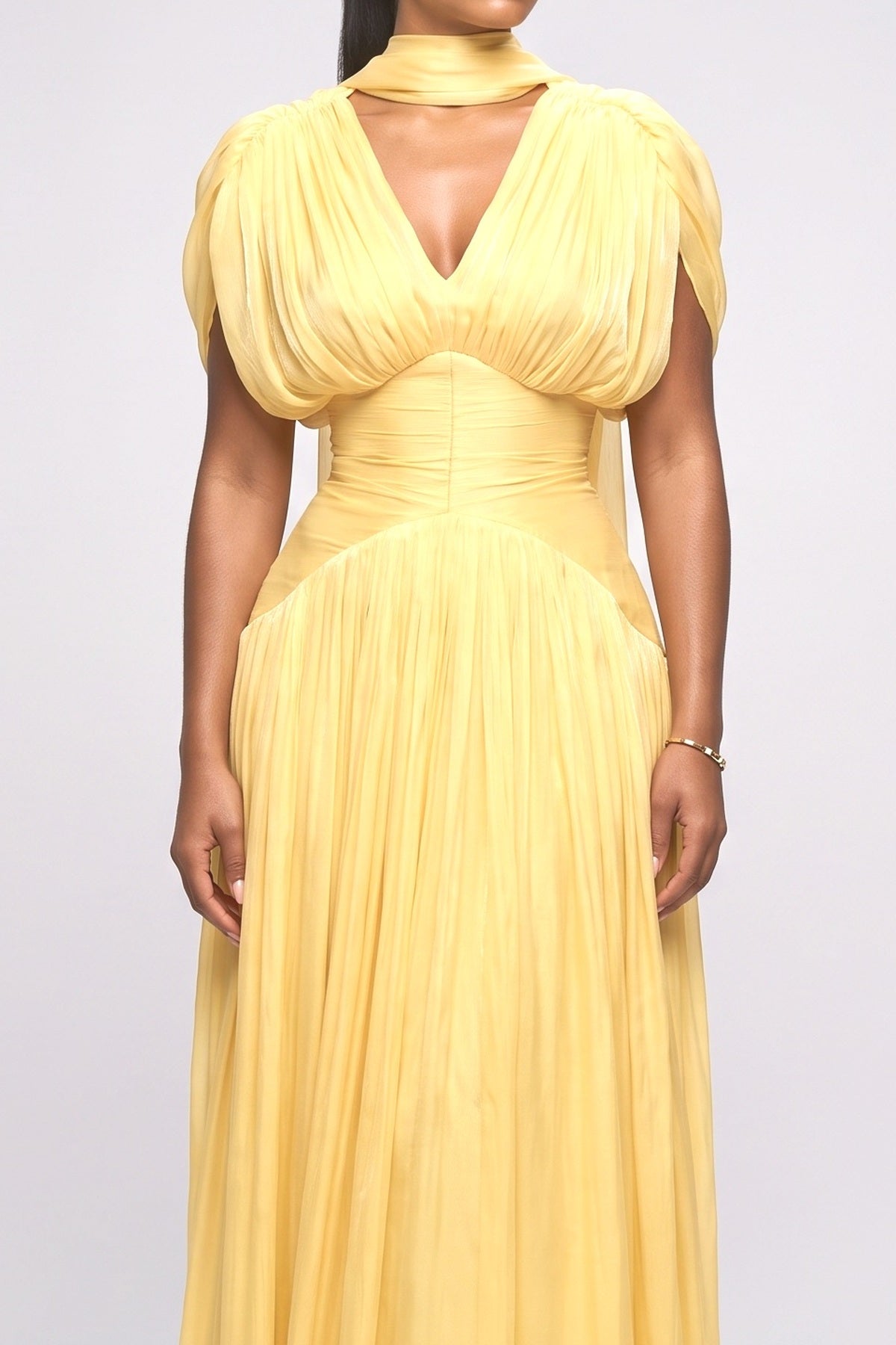 Yellow V-Neck Pleated Maxi Dress, fabric detail