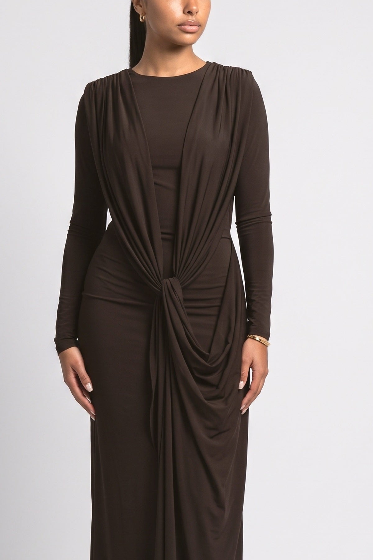 Long Sleeve Draped Maxi Dress, fabric detail