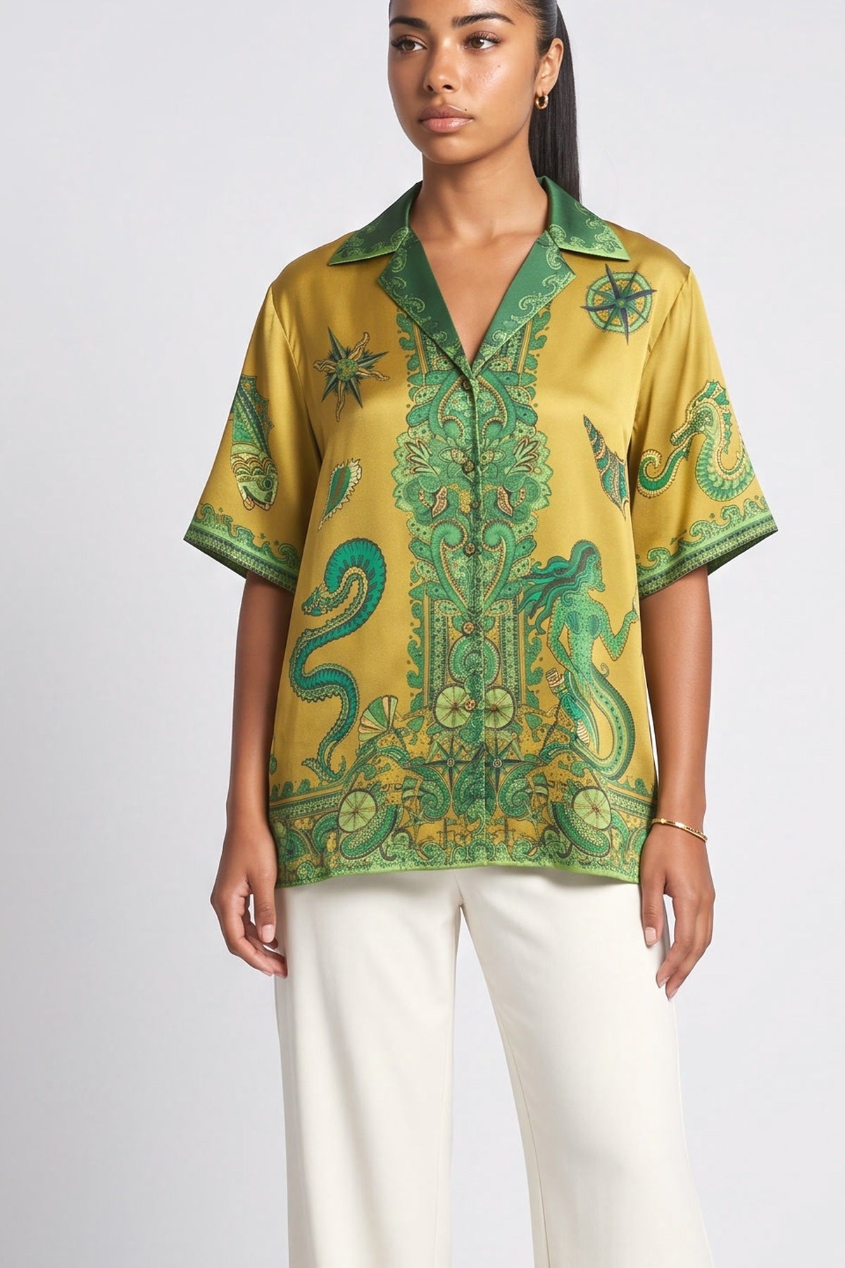 Green Floral Satin Relaxed Top, fabric detail