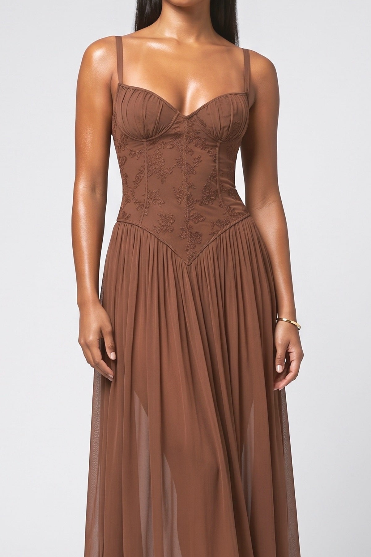 Brown Chiffon Strappy Ruffle Maxi Dress, fabric detail