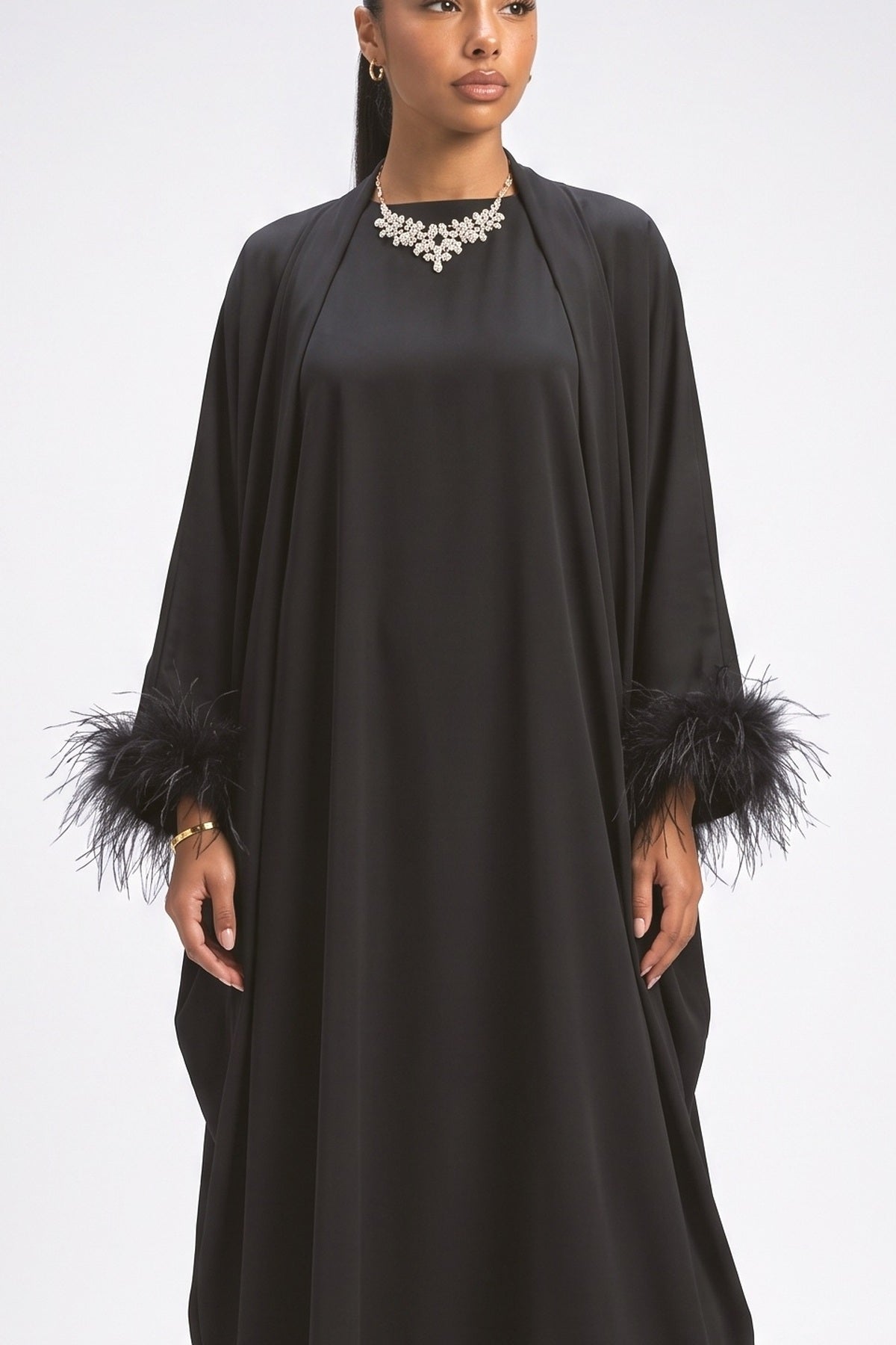 Black Feather Trim Outfit Set, fabric detail