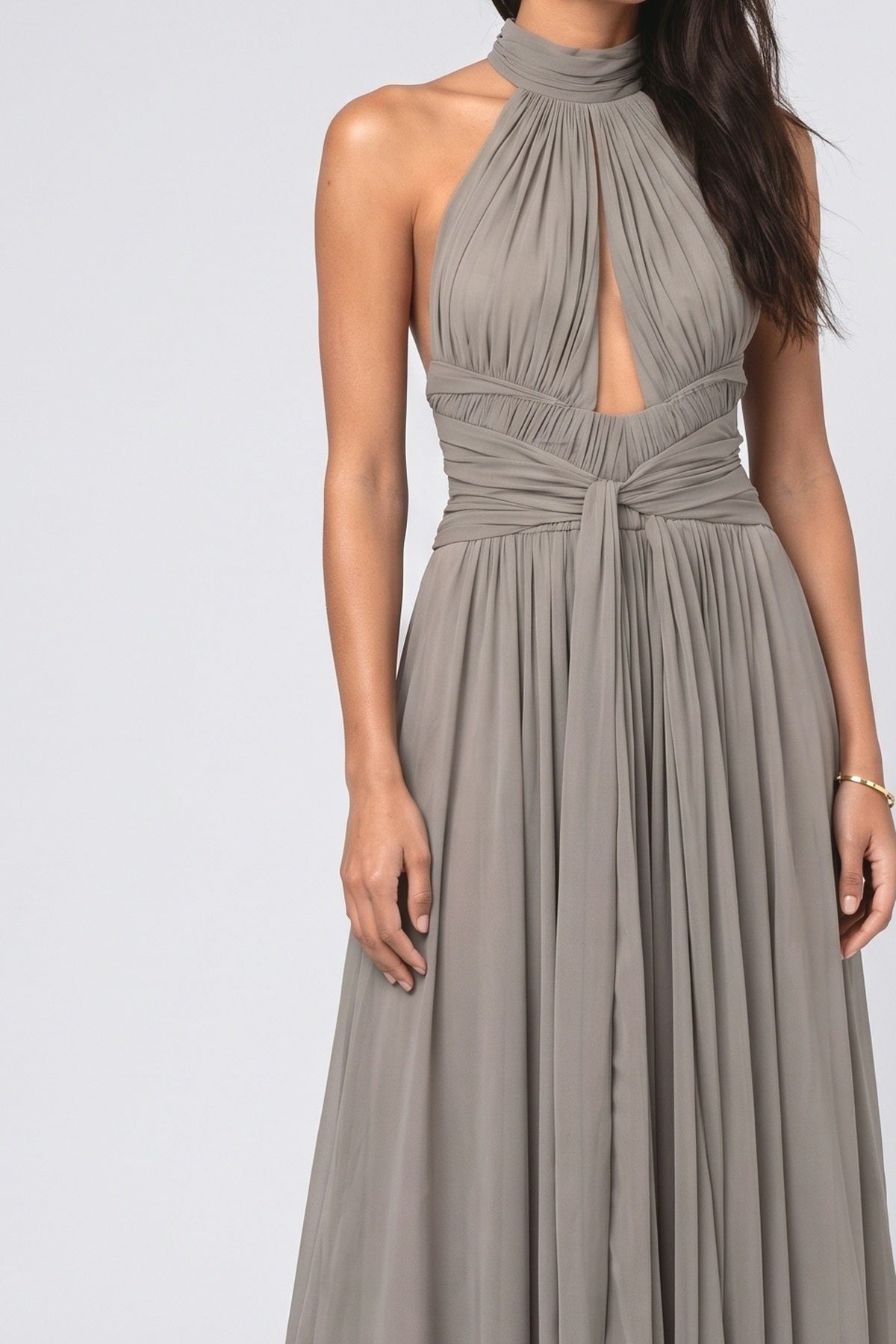 Gray High Neck Ruched Maxi Dress, fabric detail
