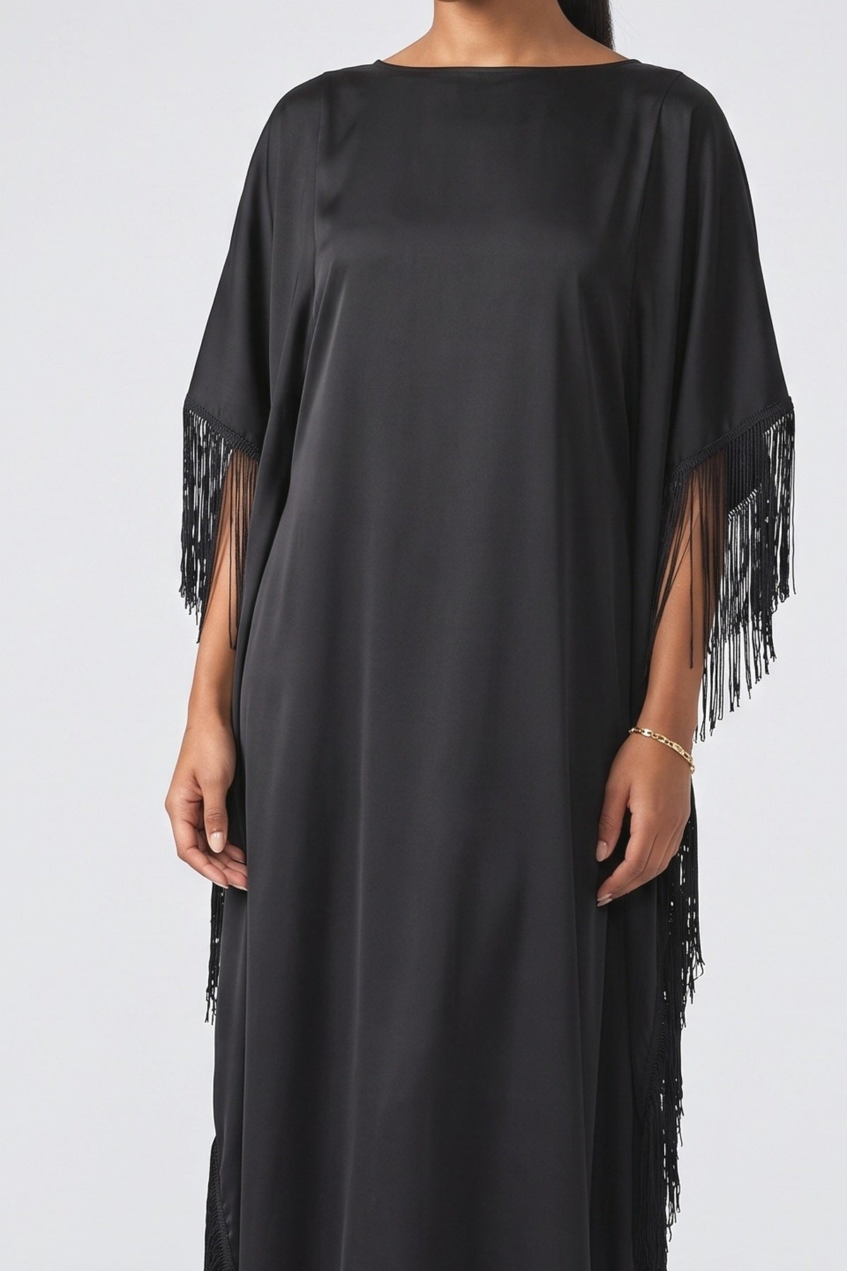 Black Satin Fringe Maxi Dress, fabric detail