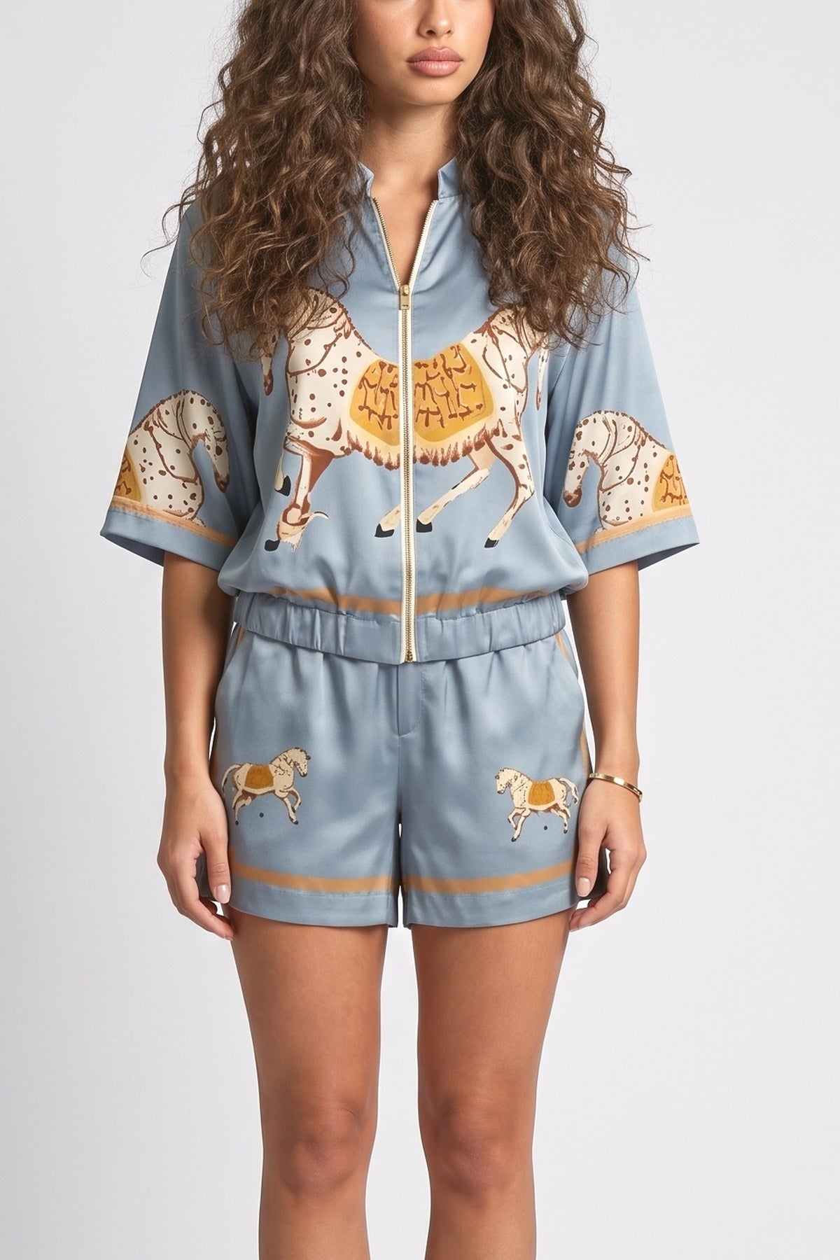 Satin Horse Print Zip-Up Shirt & Shorts Set, fabric detail