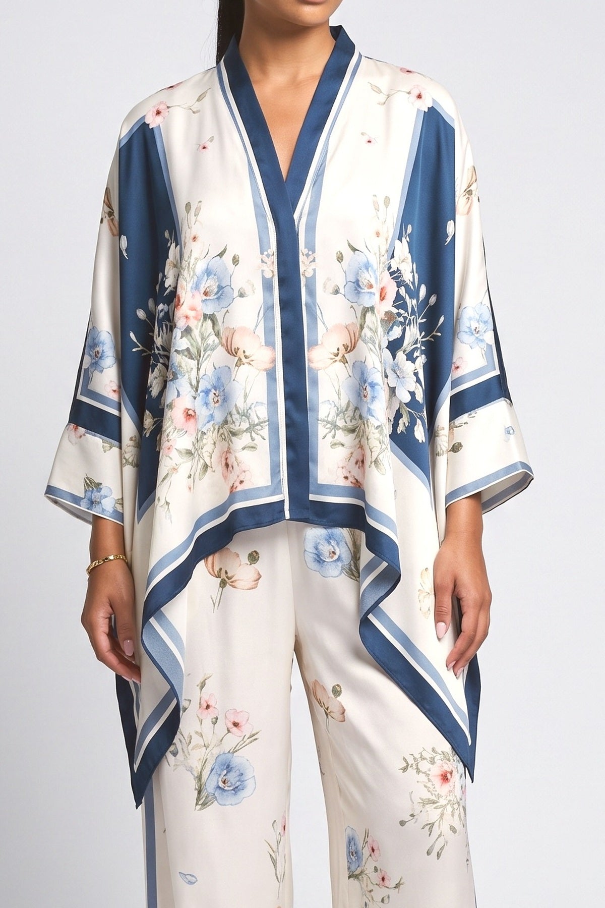 Blue Satin Batwing Sleeve Outfit Set, fabric detail