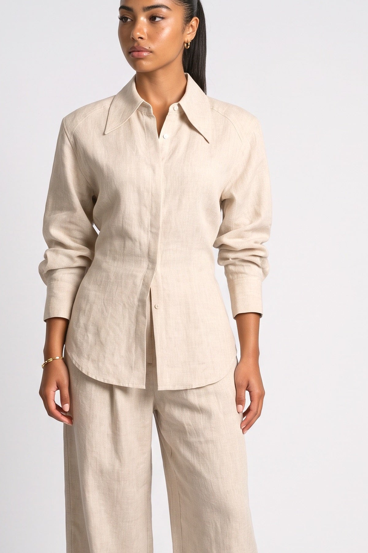 Shirt & Wide Leg Pants Two-Piece Set, fabric detail