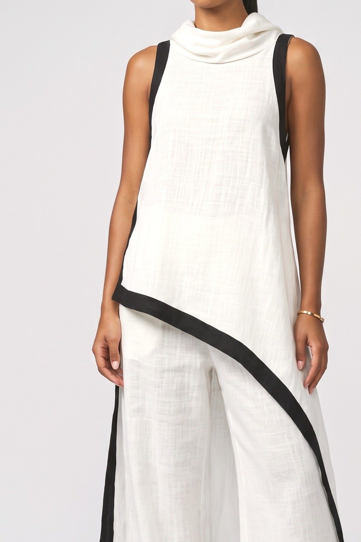 Color Contrast Design Irregular Hem Top and Wide Leg Pants Set, fabric detail