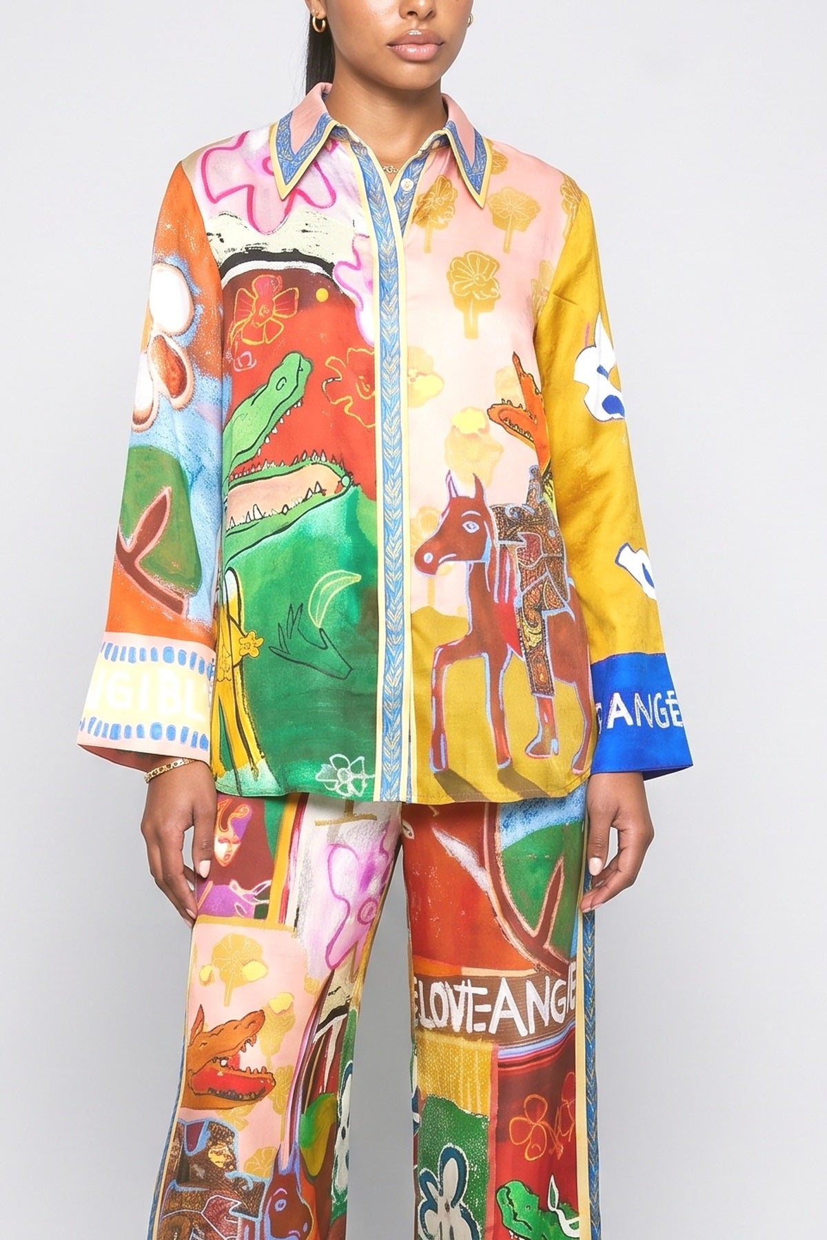 Multicolor Abstract Satin Outfit Set, fabric detail