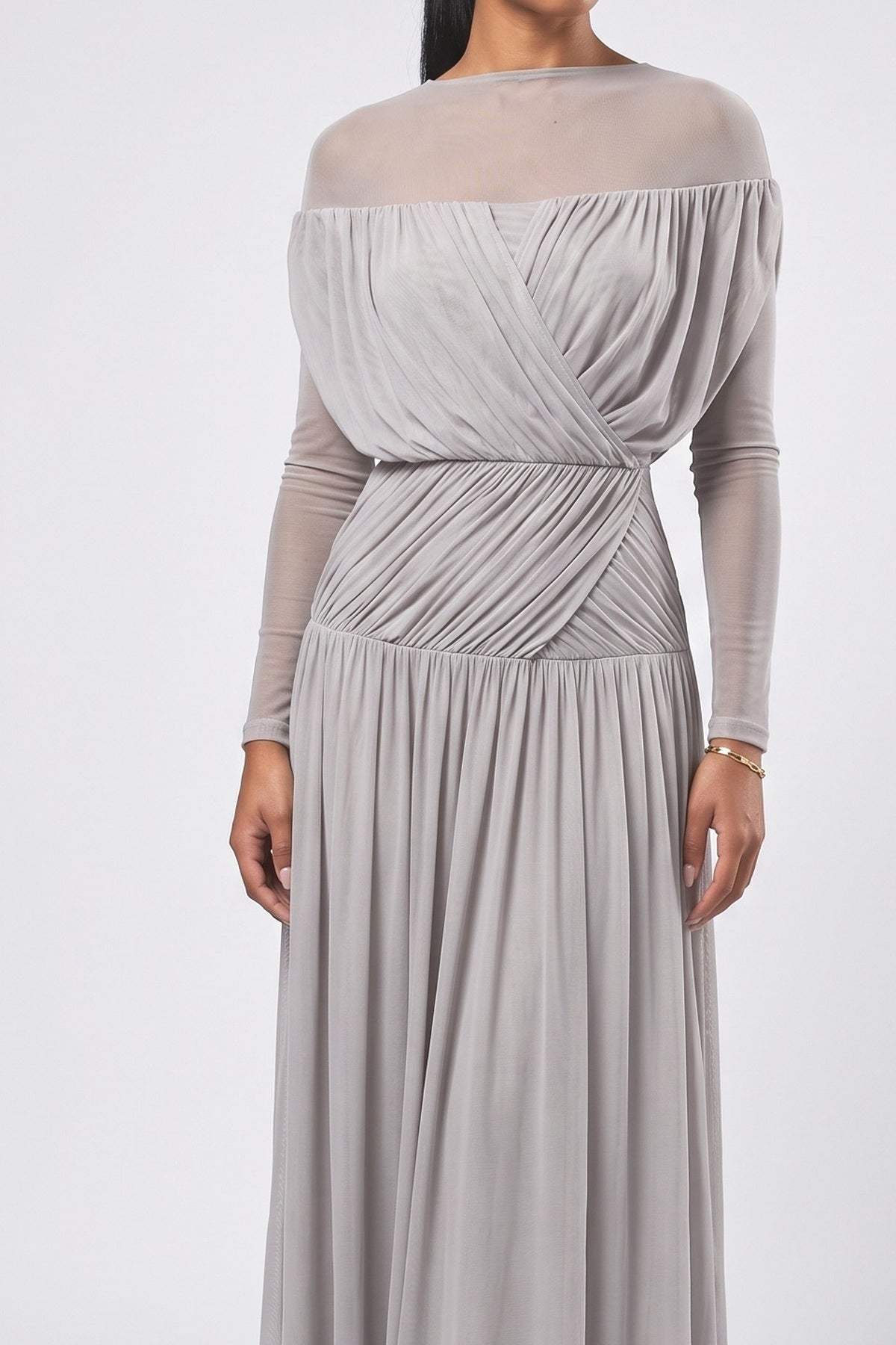 Brown Mesh Ruched Maxi Dress, fabric detail