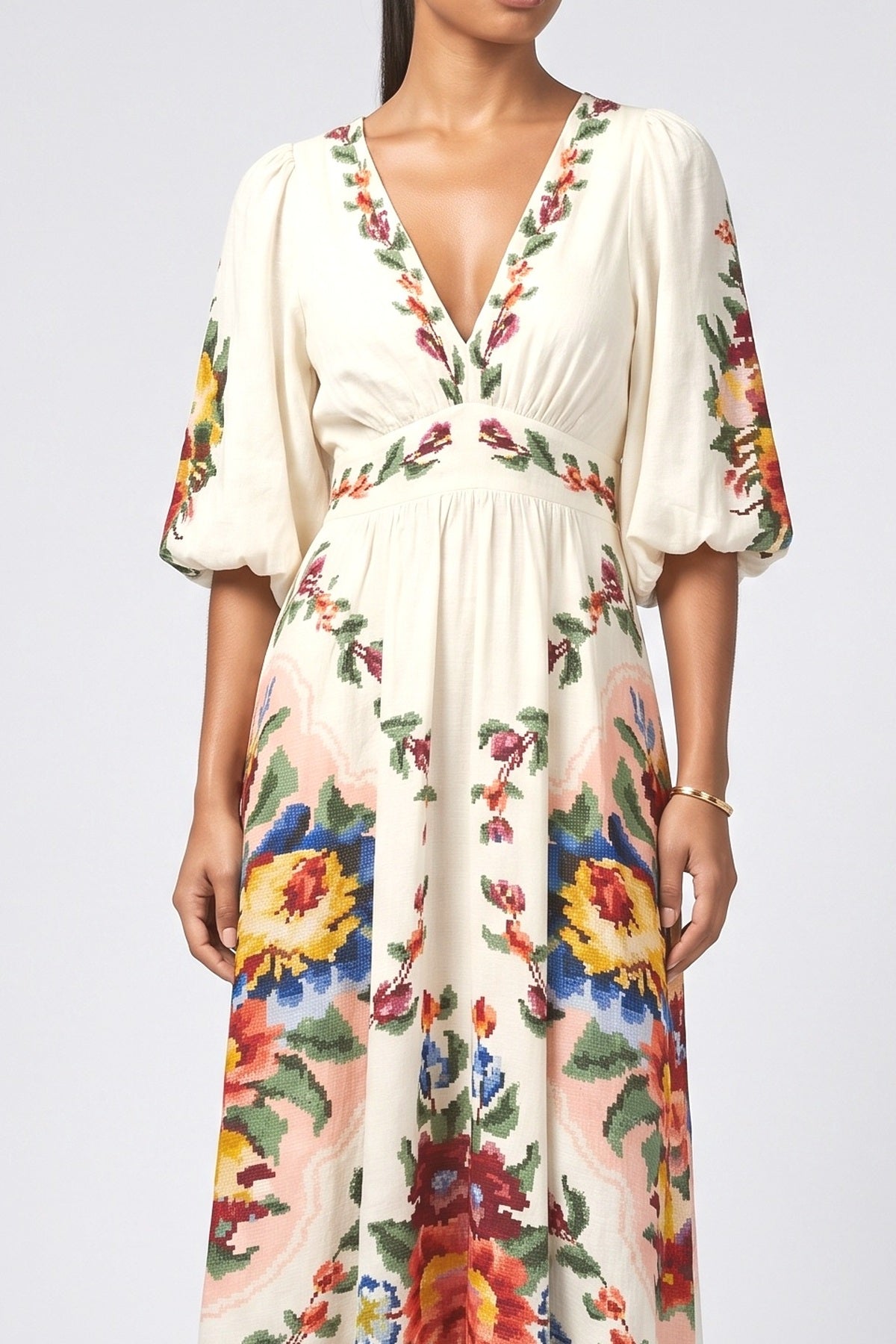 Beige Floral V-Neck Empire Waist Maxi Dress, fabric detail