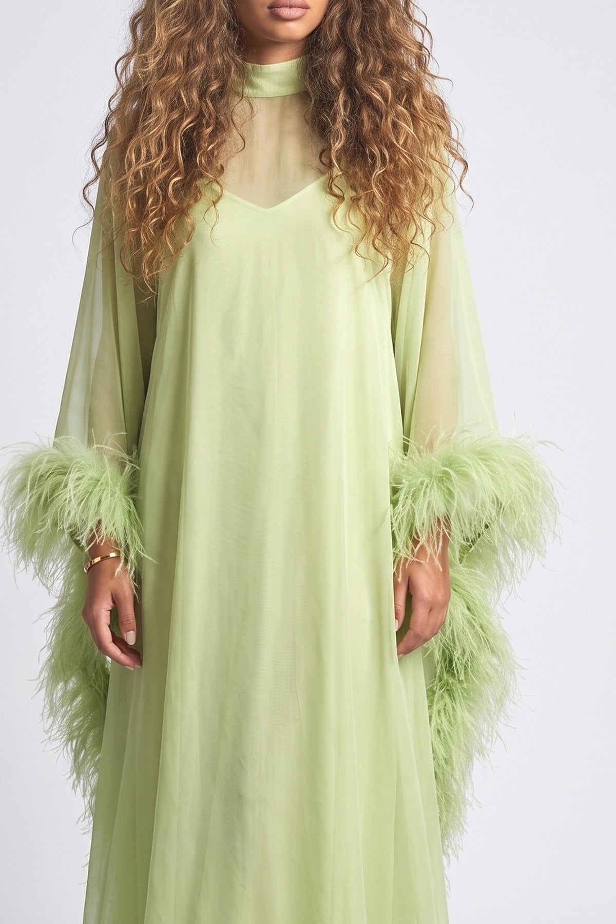 Green Chiffon Feather Trim Maxi Dress, fabric detail