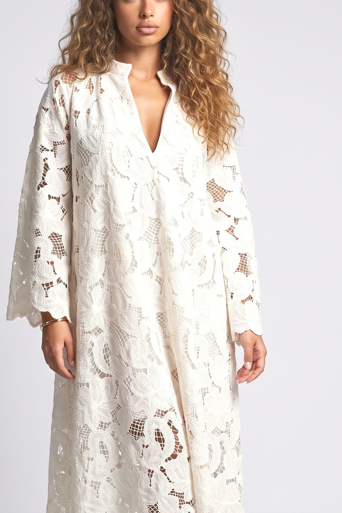 White Lace V-Neck Long Sleeve Dress, fabric detail