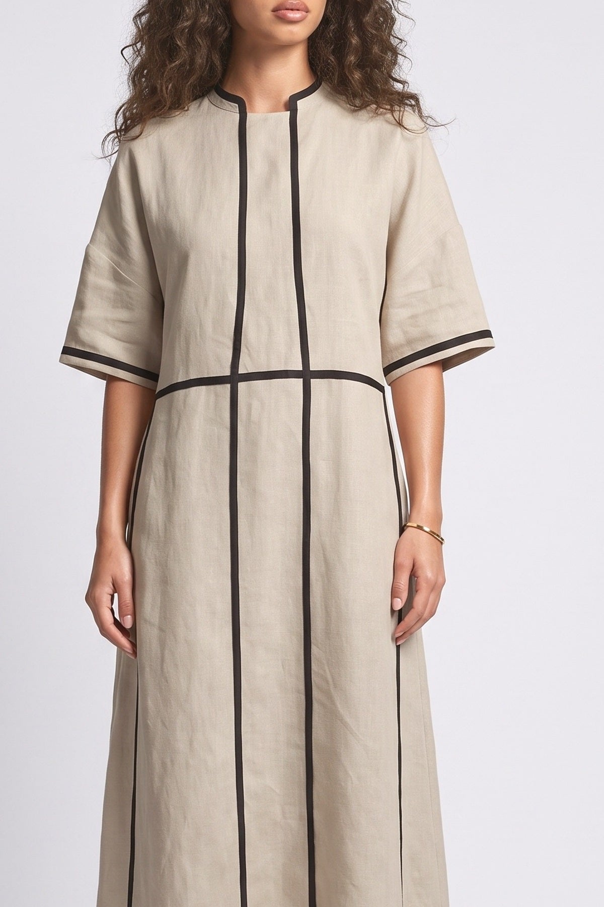 Beige Linen Black Piping Midi Dress, fabric detail