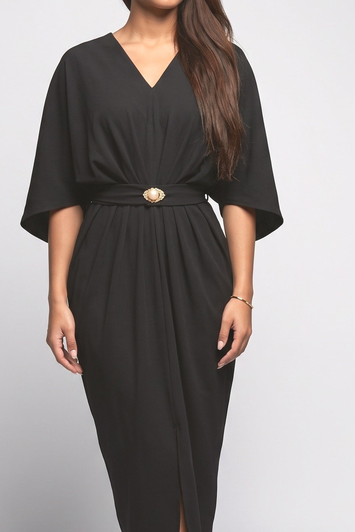 Black V-Neck Batwing Sleeve Midi Dress, fabric detail
