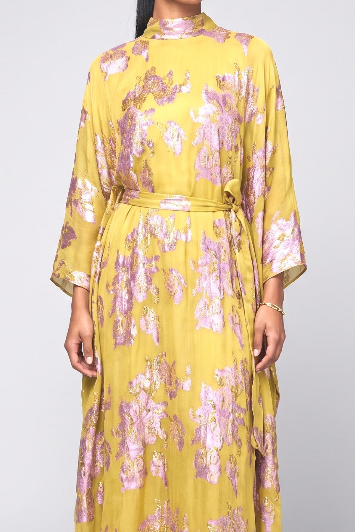 Yellow Floral High Neck Dress, fabric detail