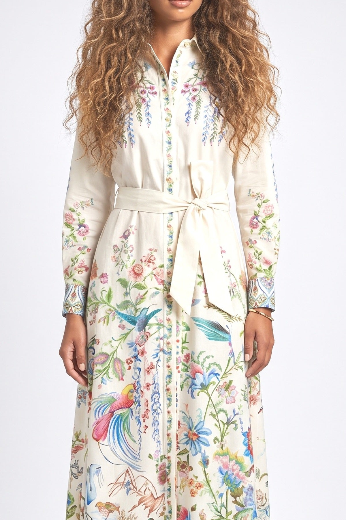 White Print Long Sleeve Maxi Dress, fabric detail