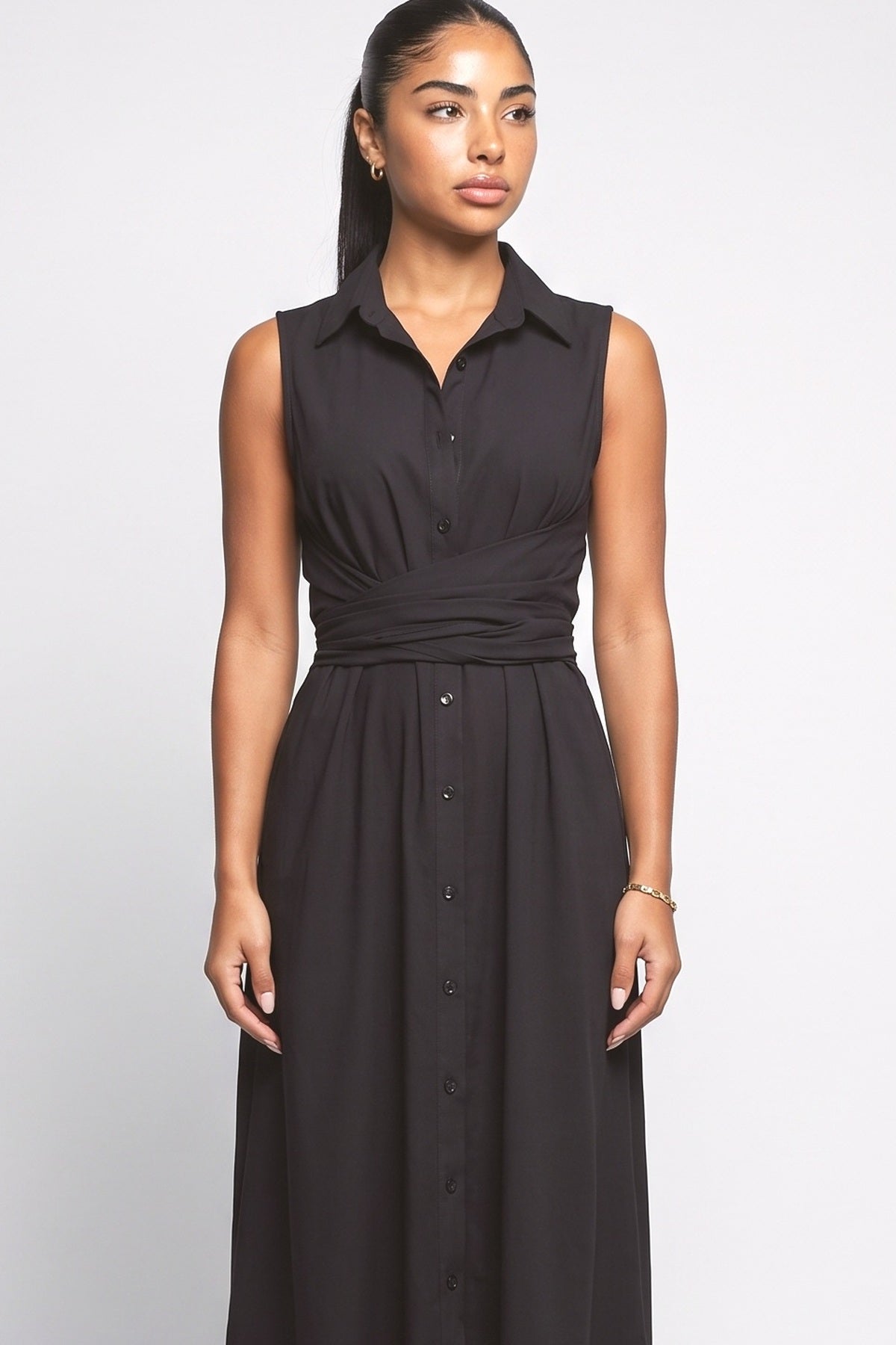 Shirt Style Single-breasted Tie Midi Dress, fabric detail