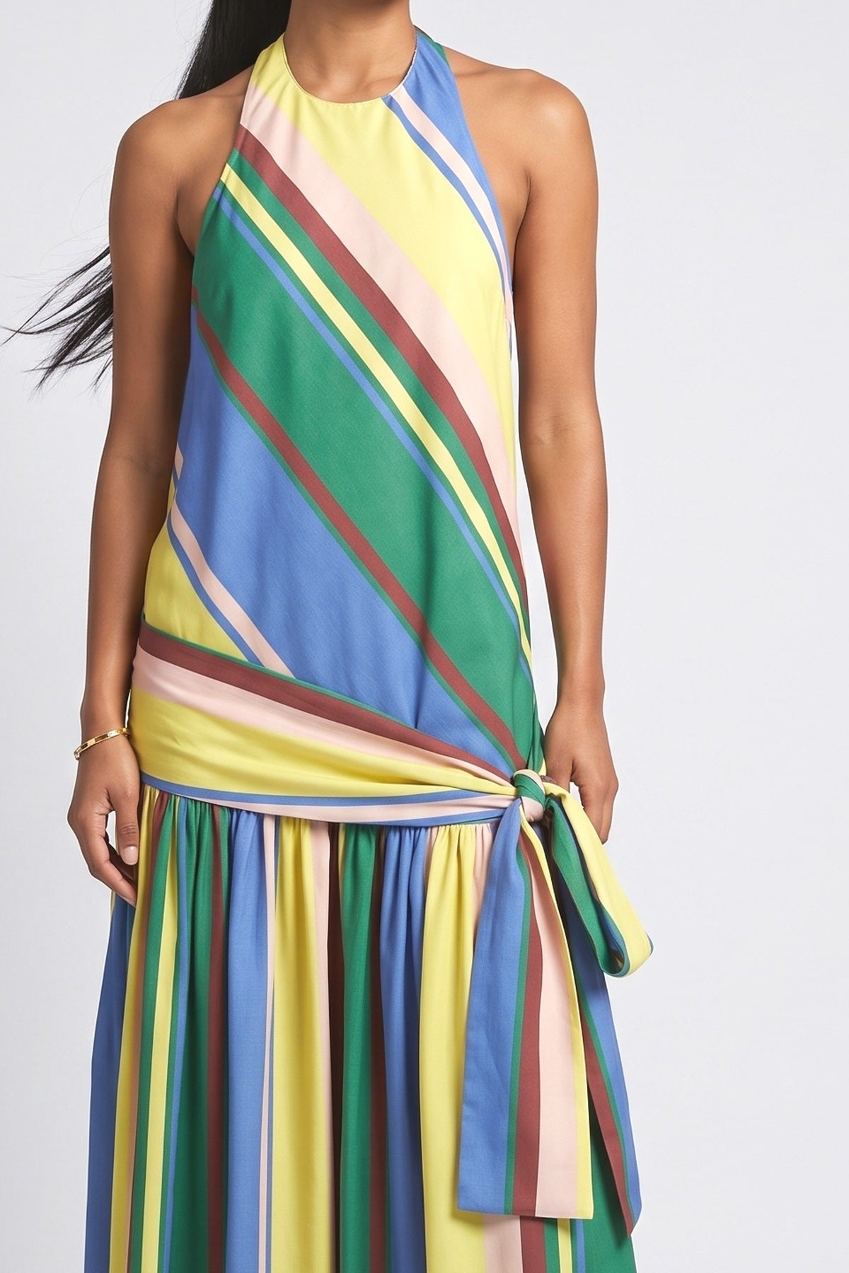 Multicolor Striped Halter Neck Maxi Dress, fabric detail