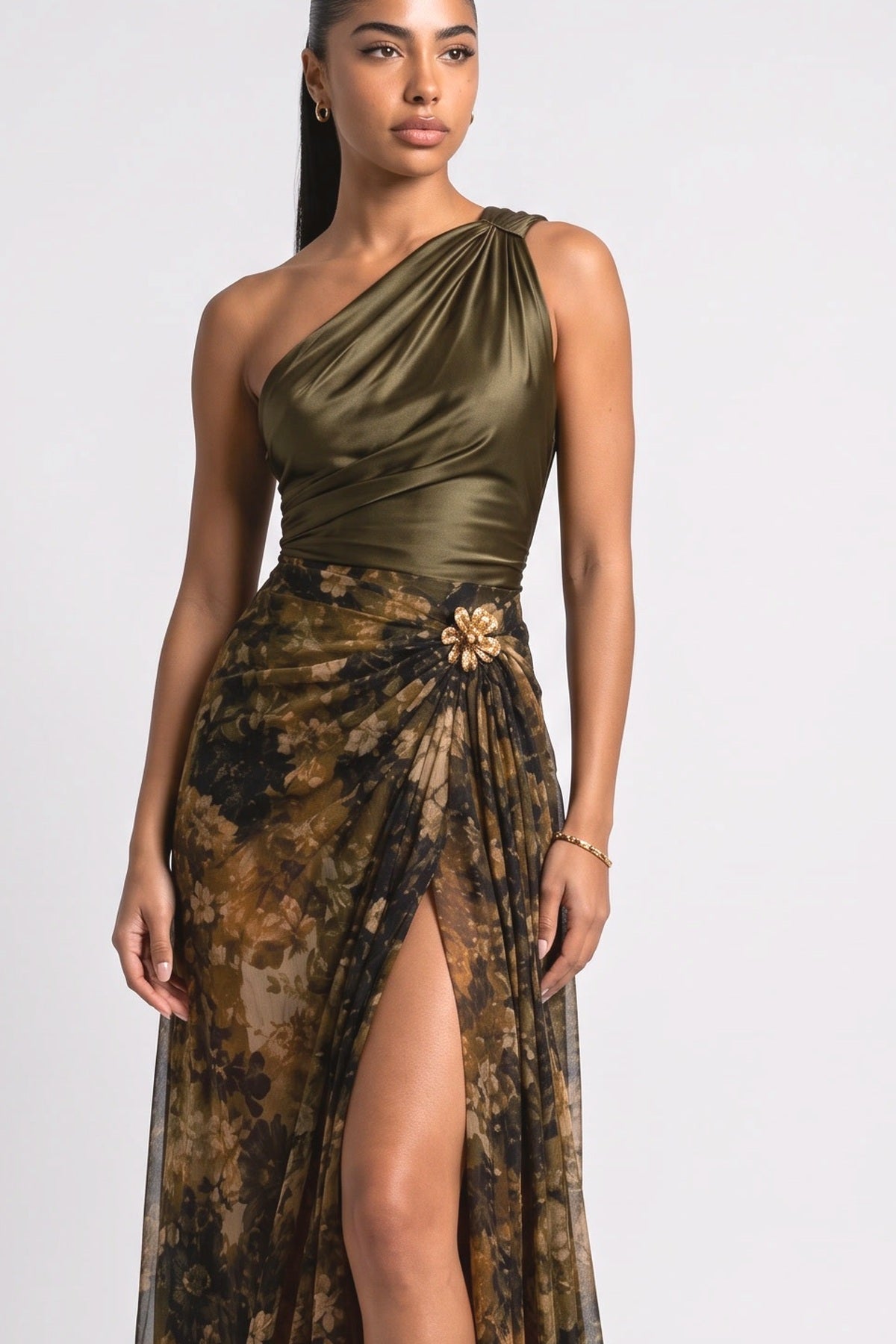 Green Floral One-Shoulder Slit Maxi Dress, fabric detail