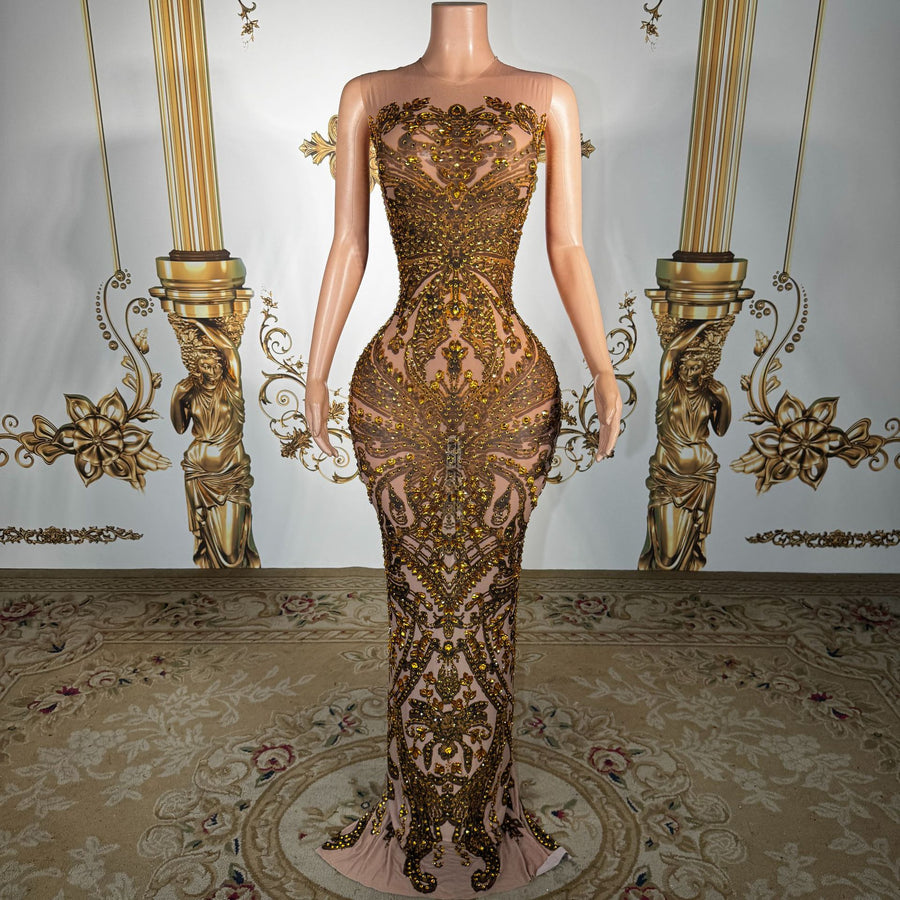 Caramel Rhinestone Mermaid Wedding Guest Dress