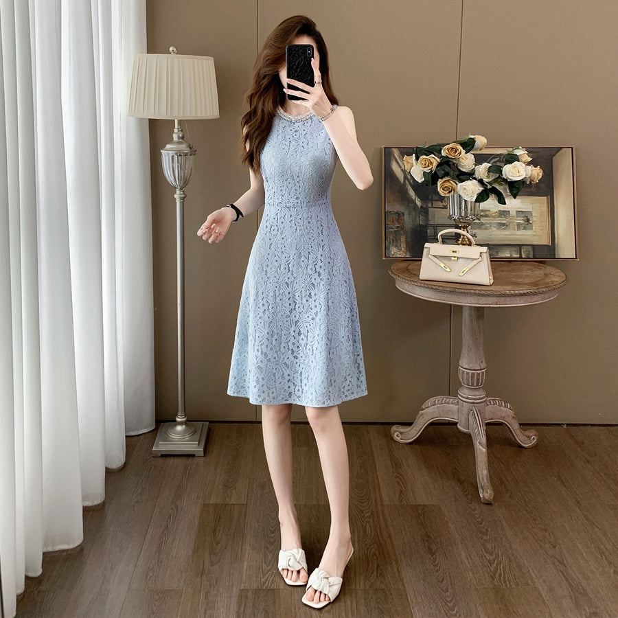 Blue Lace Sleeveless Short Homecoming Dress