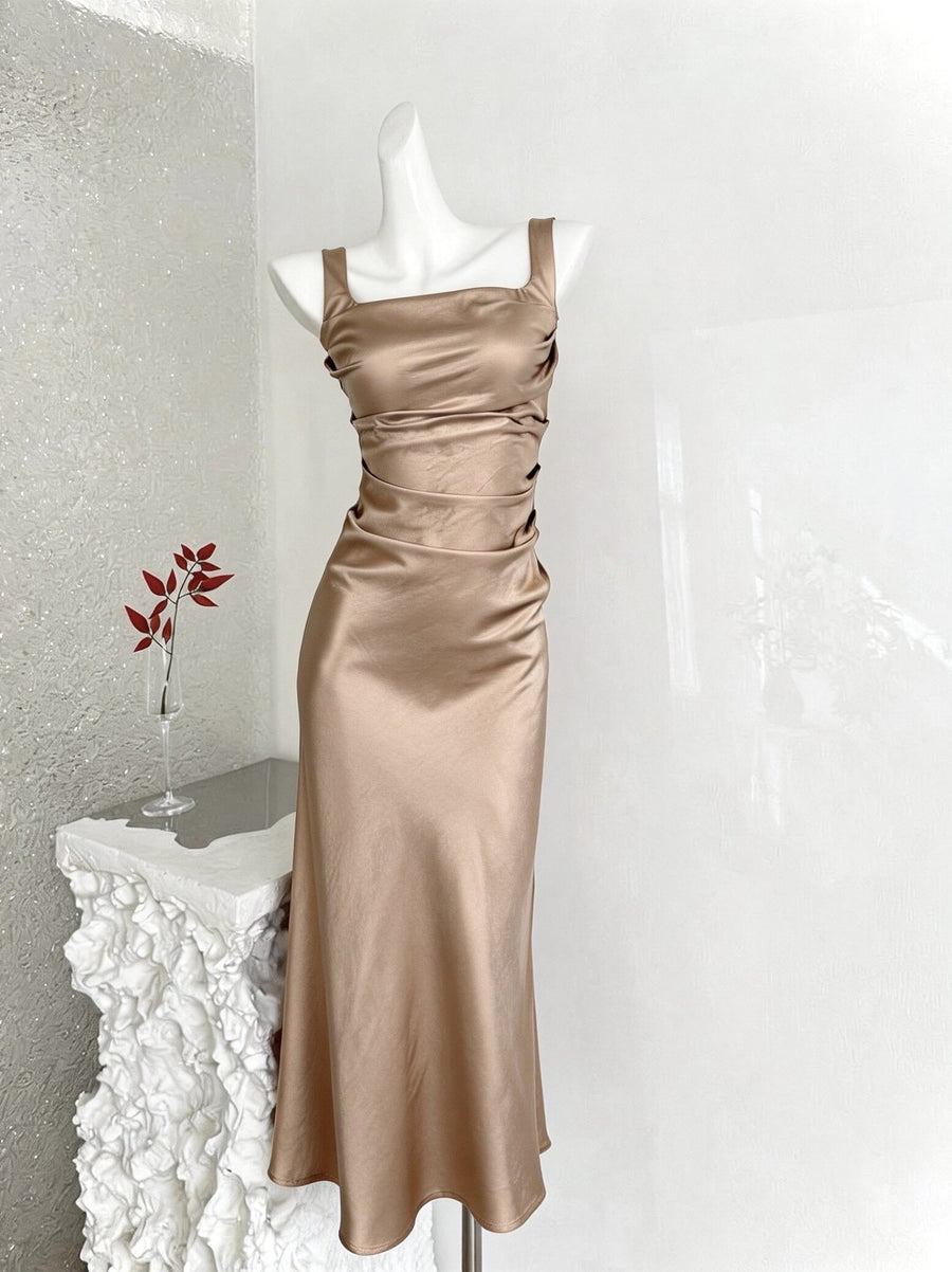 Champagne Satin Sleeveless Graduation Dress