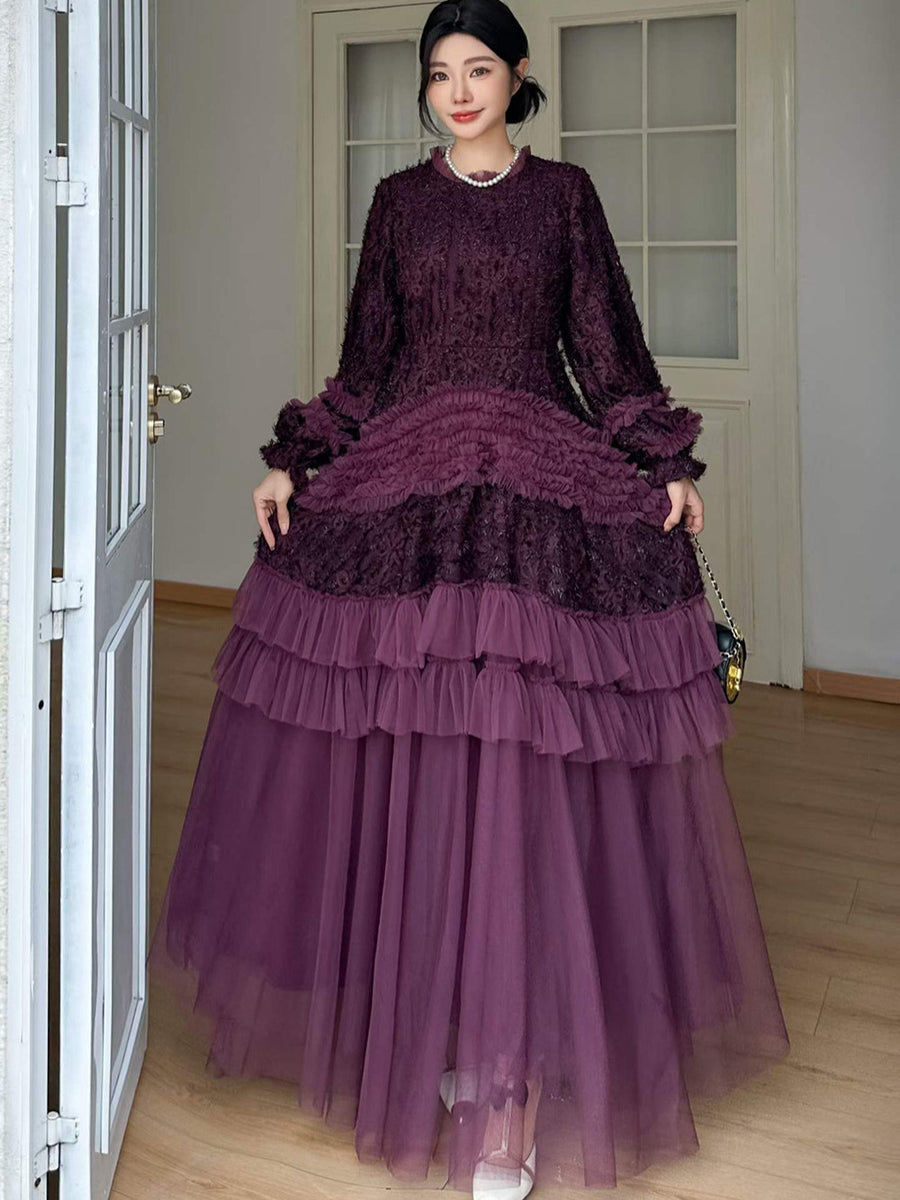 Purple Tulle Jacquard Long Prom Dress