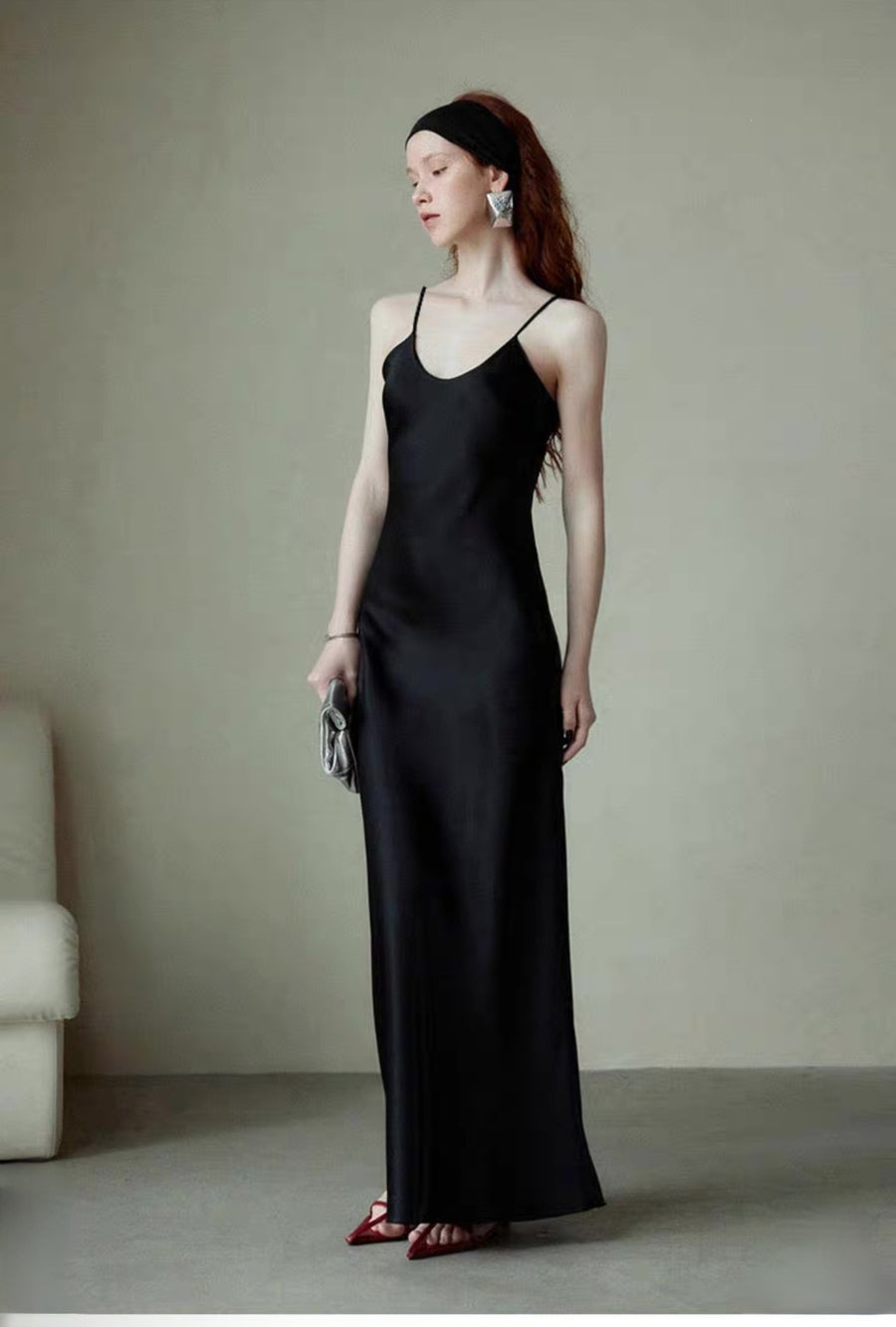 Black Satin Spaghetti Strap Wedding Guest Dress