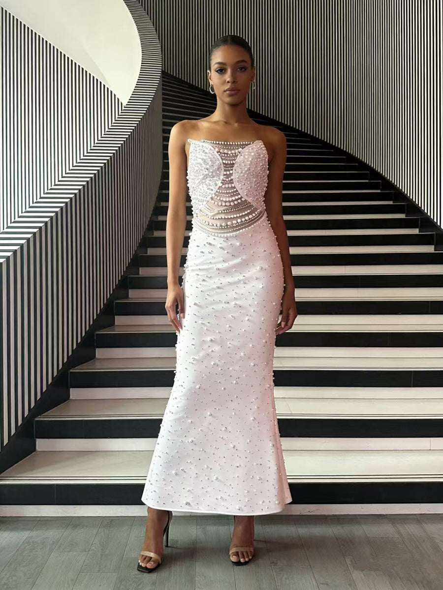 White Strapless Beaded Long Prom Dress