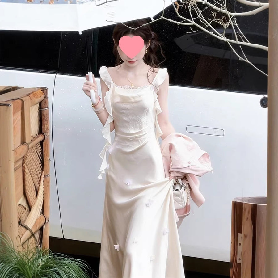 Beige Satin Sleeveless Wedding Guest Dress