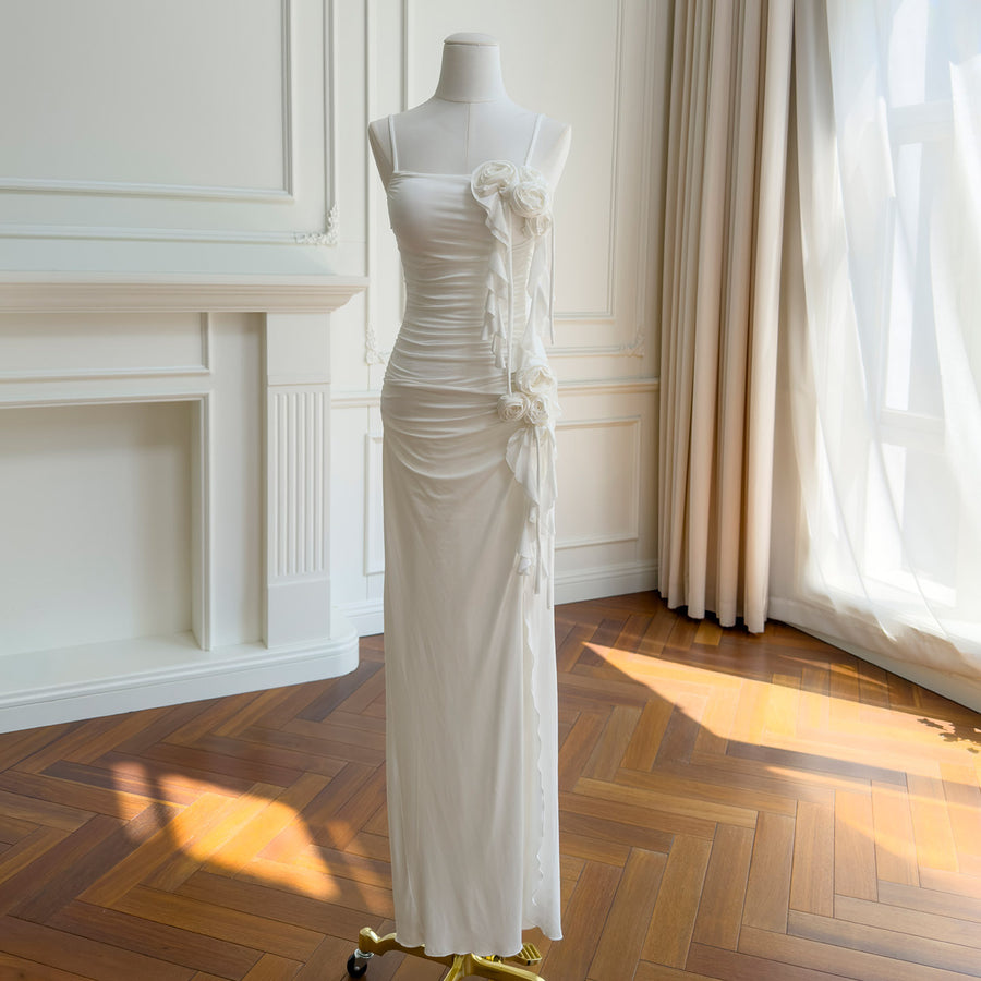 White Satin Spaghetti Strap Graduation Dress