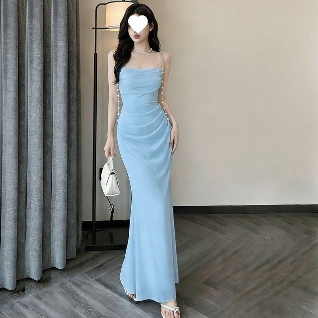 Mesh Spaghetti Strap Mermaid Long Prom Dress