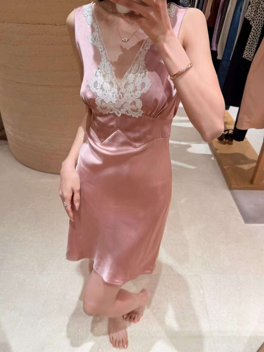 Pink Satin Lace Wedding Guest Dress