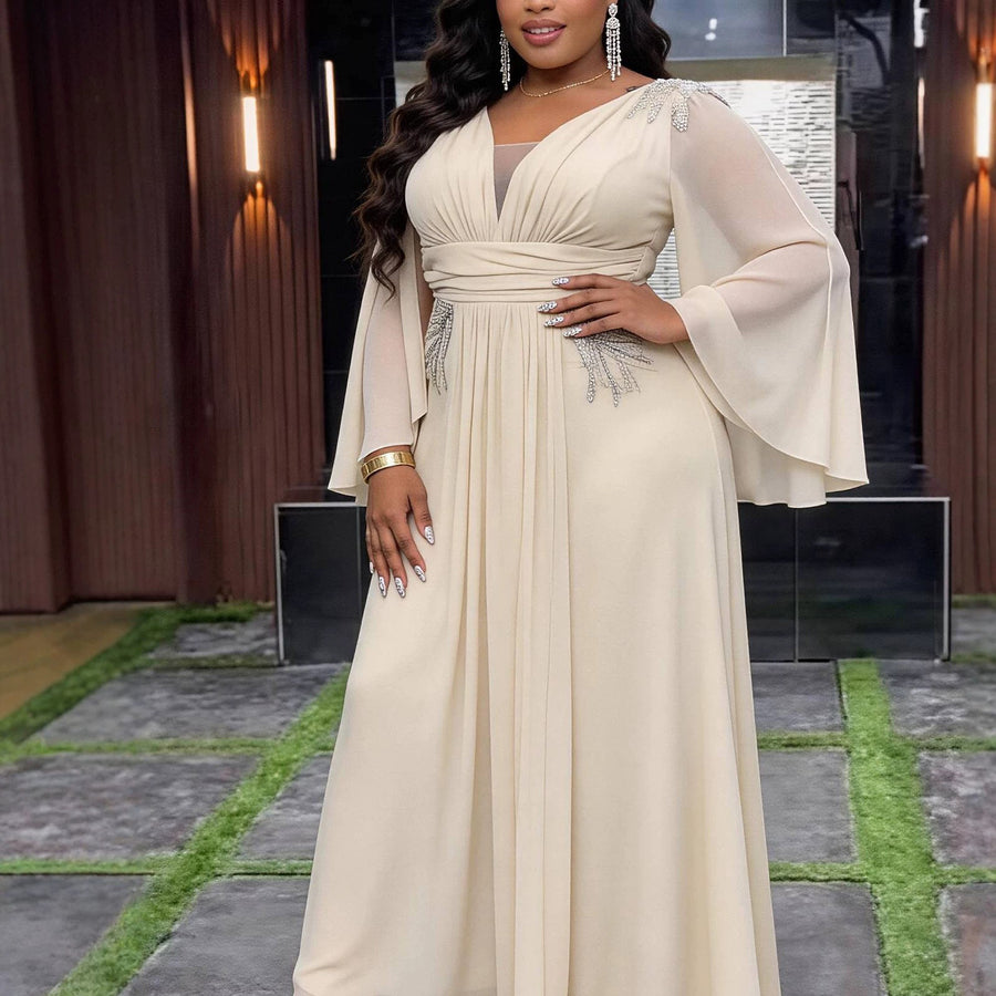 Champagne Chiffon V-Neck Plus Size Formal Dress