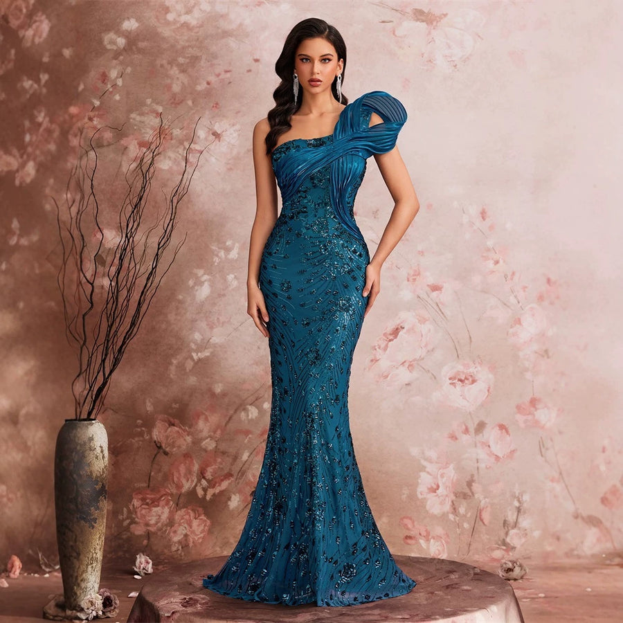 Blue One-Shoulder Sequin Long Prom Dress