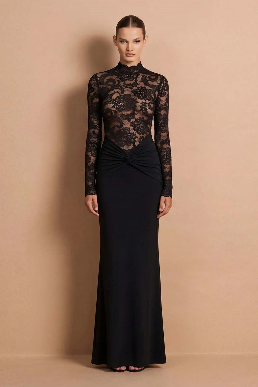 Black Lace Long Sleeve Mermaid Wedding Guest Dress