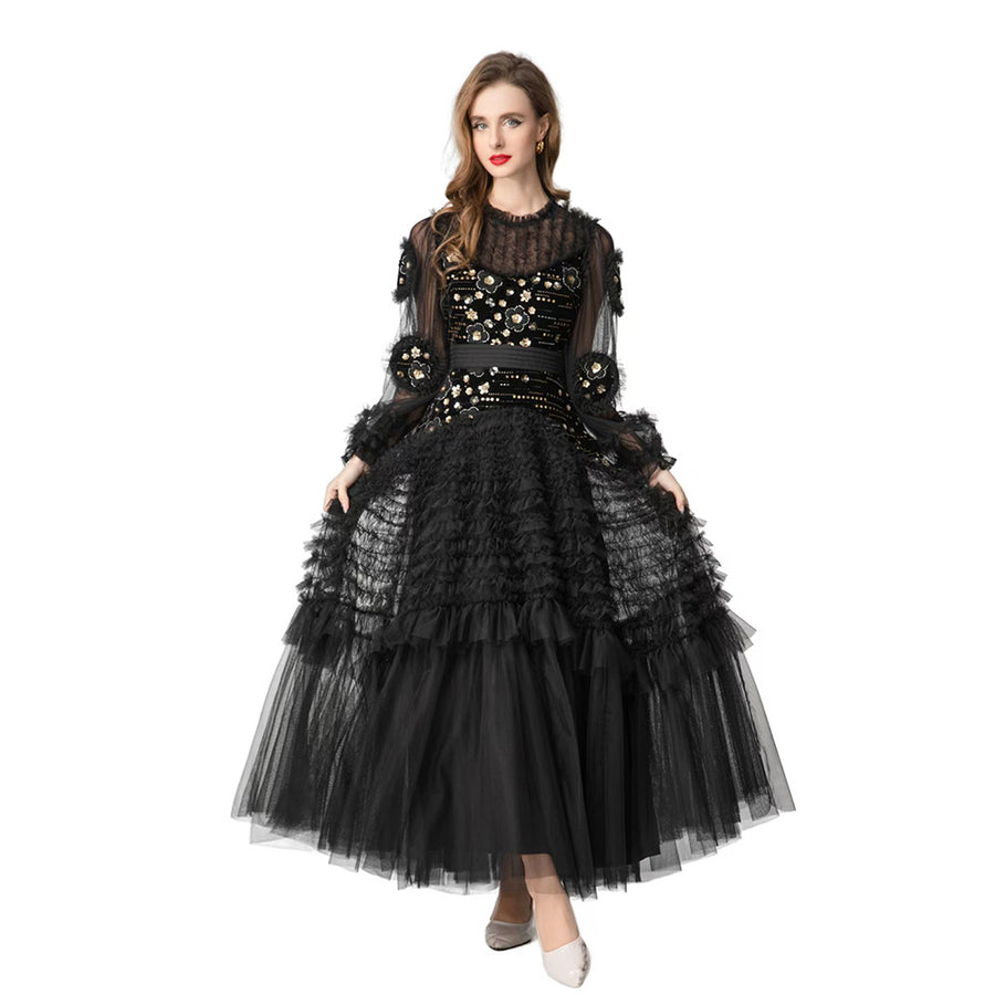 Black Tulle Long Sleeve Long Prom Dress
