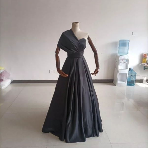 Black Satin One-Shoulder Bridesmaid Dress