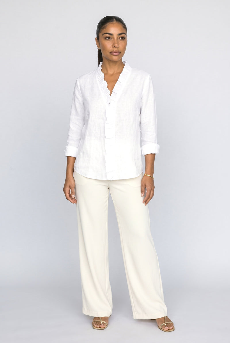 White V-Neck Long Sleeve Ruffle Blouse