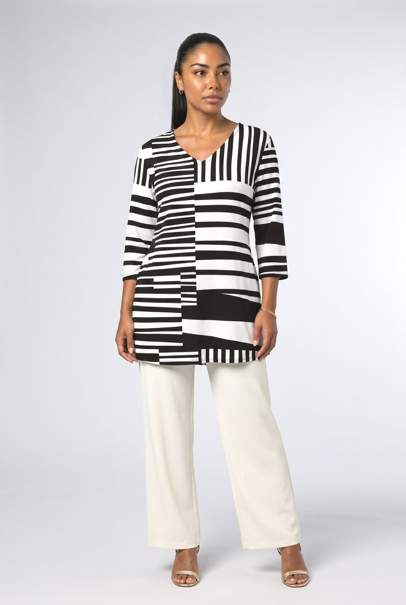 Monochrome Geometric V-Neck Blouse
