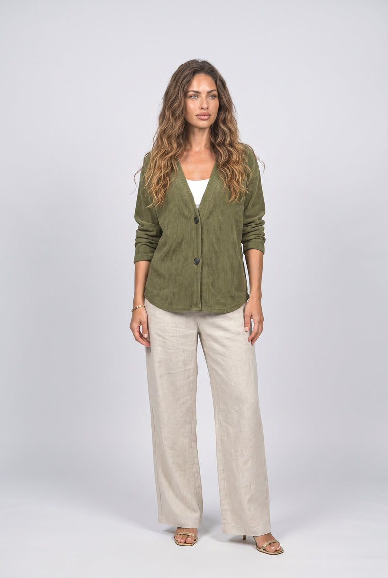 Military Green V-Neck Knit Cardigan