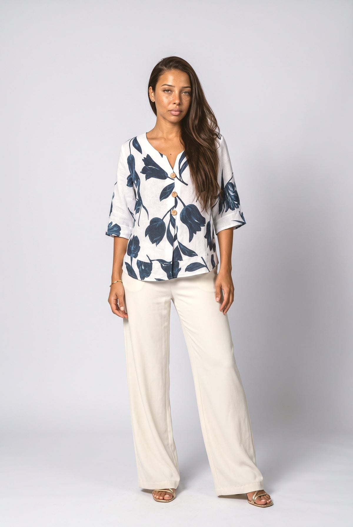 Linen V-Neck Floral Blouse